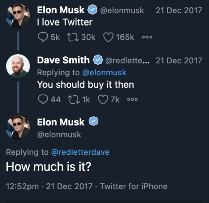 First purported text when Elon showed an interest in buying Twitter.