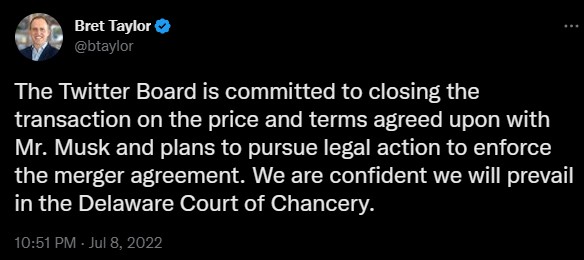 Twitter Board message that the purchase of Twitter by Musk must go ahead