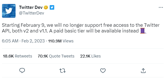 Twitters notification that the API will no longer be free to Engineers.